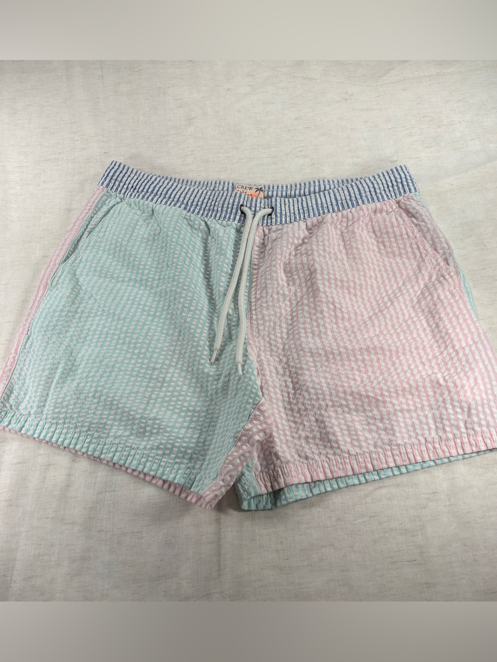 J. Crew Two-Tone Seersucker Drawstring Shorts in Mint & Pink